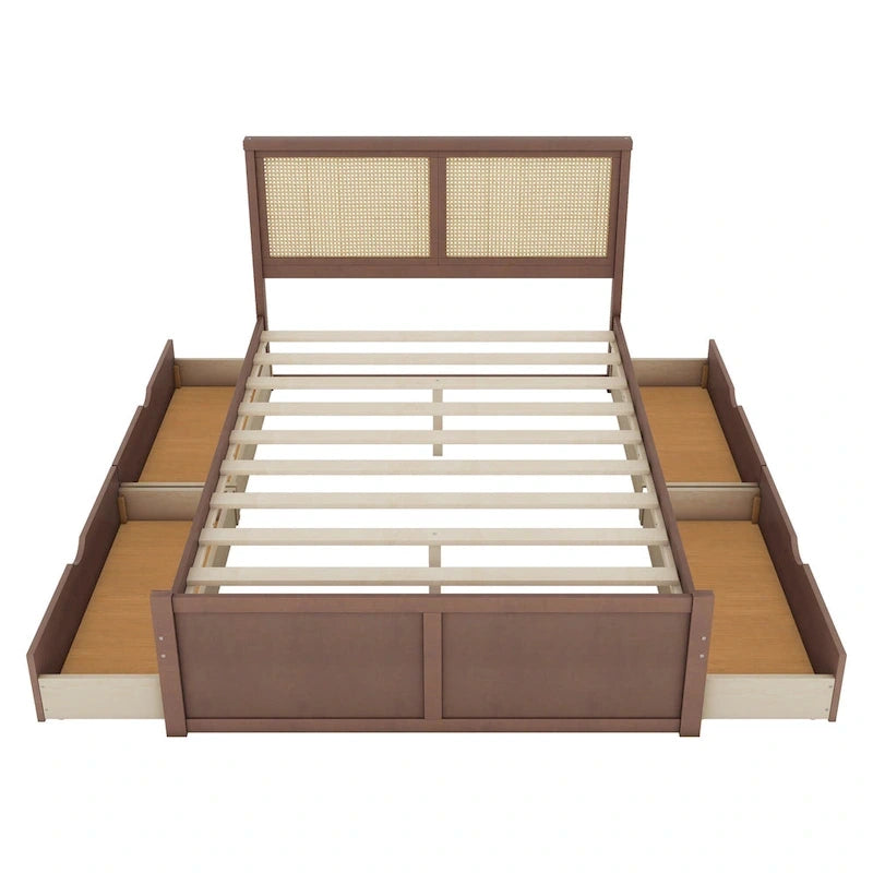 Letto a Piattaforma Contenitore in Legno con 4 Cassetti e Testiera in Rattan