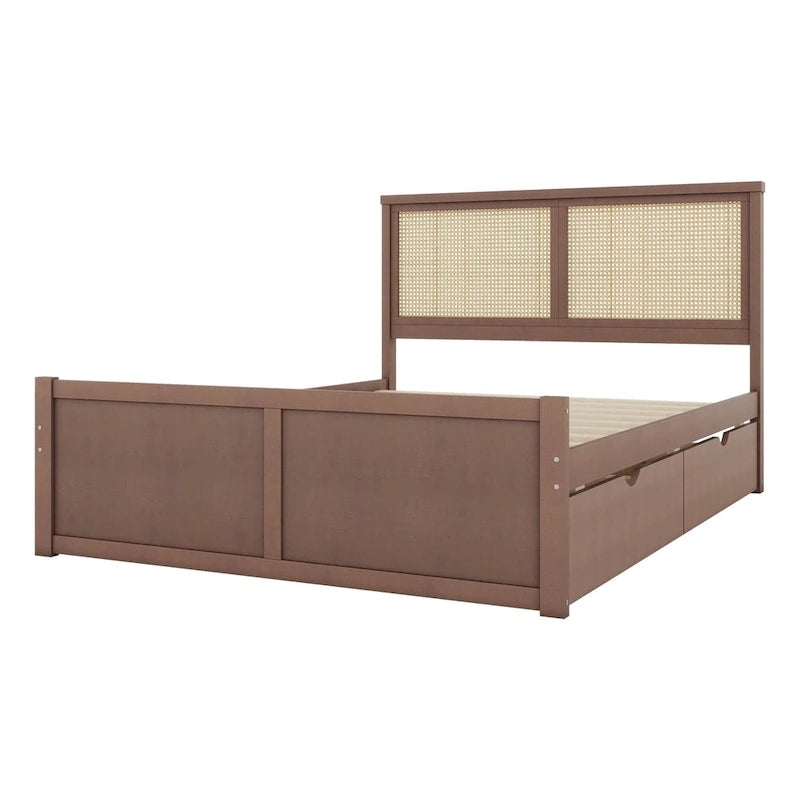 Letto a Piattaforma Contenitore in Legno con 4 Cassetti e Testiera in Rattan