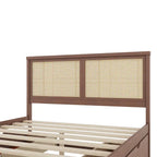 Letto a Piattaforma Contenitore in Legno con 4 Cassetti e Testiera in Rattan