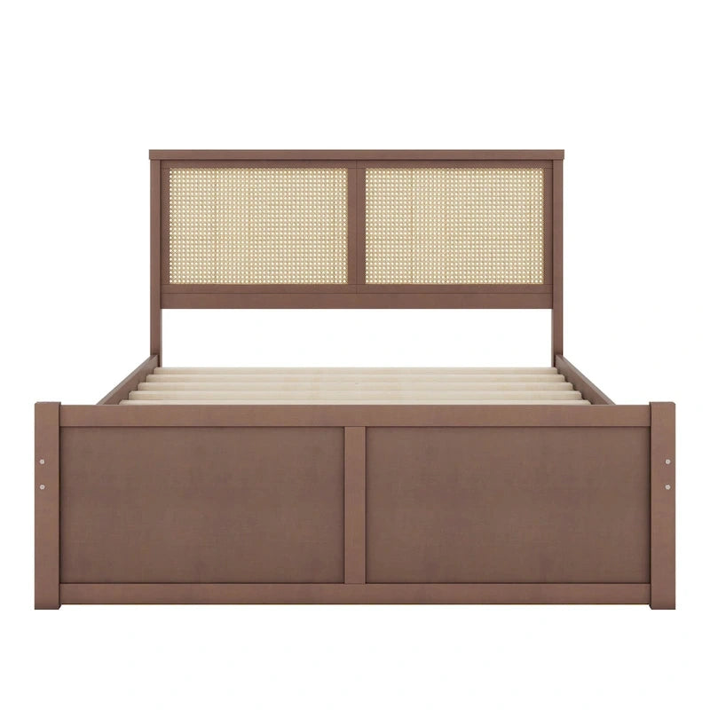 Letto a Piattaforma Contenitore in Legno con 4 Cassetti e Testiera in Rattan