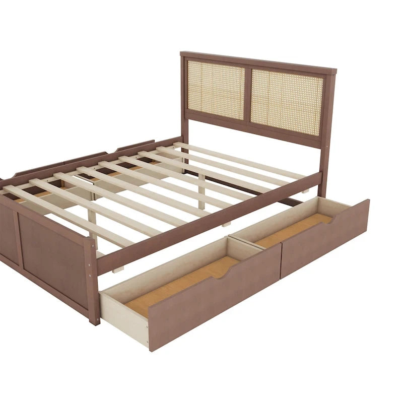 Letto a Piattaforma Contenitore in Legno con 4 Cassetti e Testiera in Rattan
