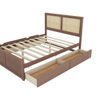 Letto a Piattaforma Contenitore in Legno con 4 Cassetti e Testiera in Rattan