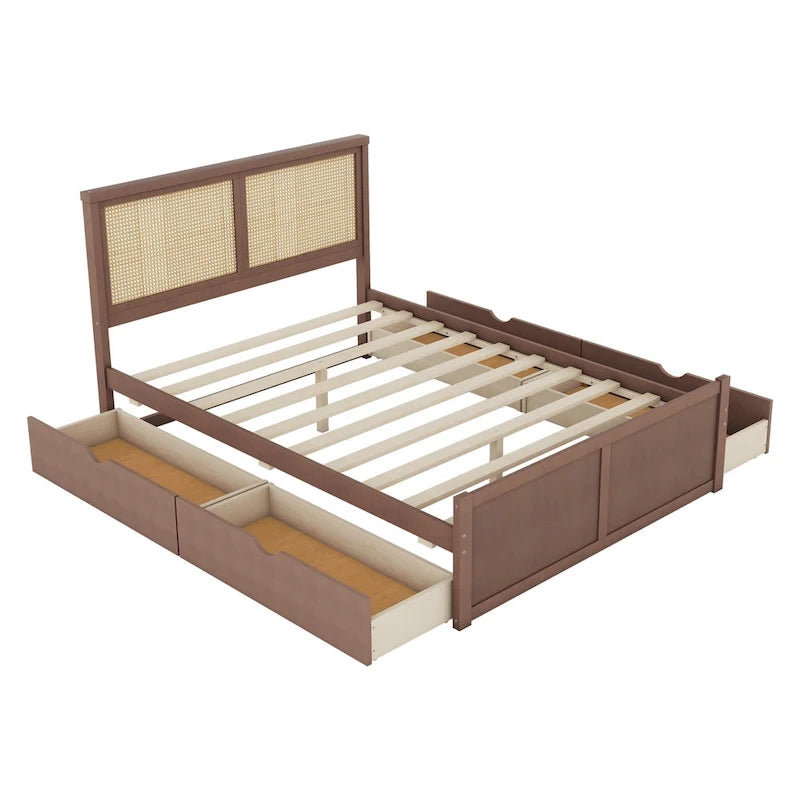 Letto a Piattaforma Contenitore in Legno con 4 Cassetti e Testiera in Rattan