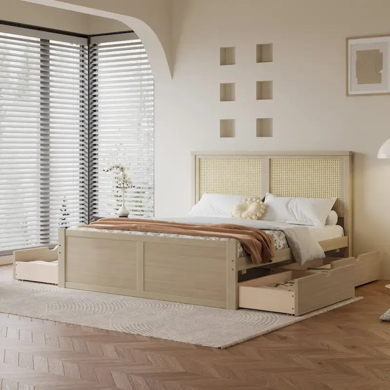 Letto a Piattaforma Contenitore in Legno con 4 Cassetti e Testiera in Rattan
