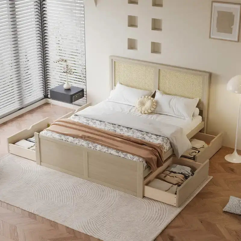 Letto a Piattaforma Contenitore in Legno con 4 Cassetti e Testiera in Rattan