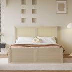 Letto a Piattaforma Contenitore in Legno con 4 Cassetti e Testiera in Rattan