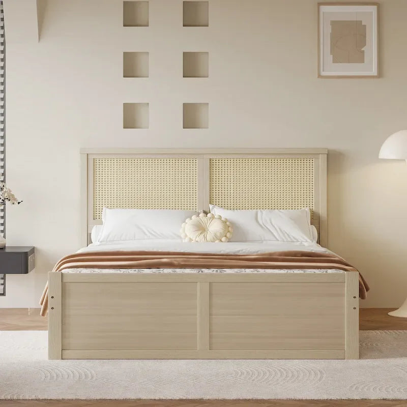 Letto a Piattaforma Contenitore in Legno con 4 Cassetti e Testiera in Rattan