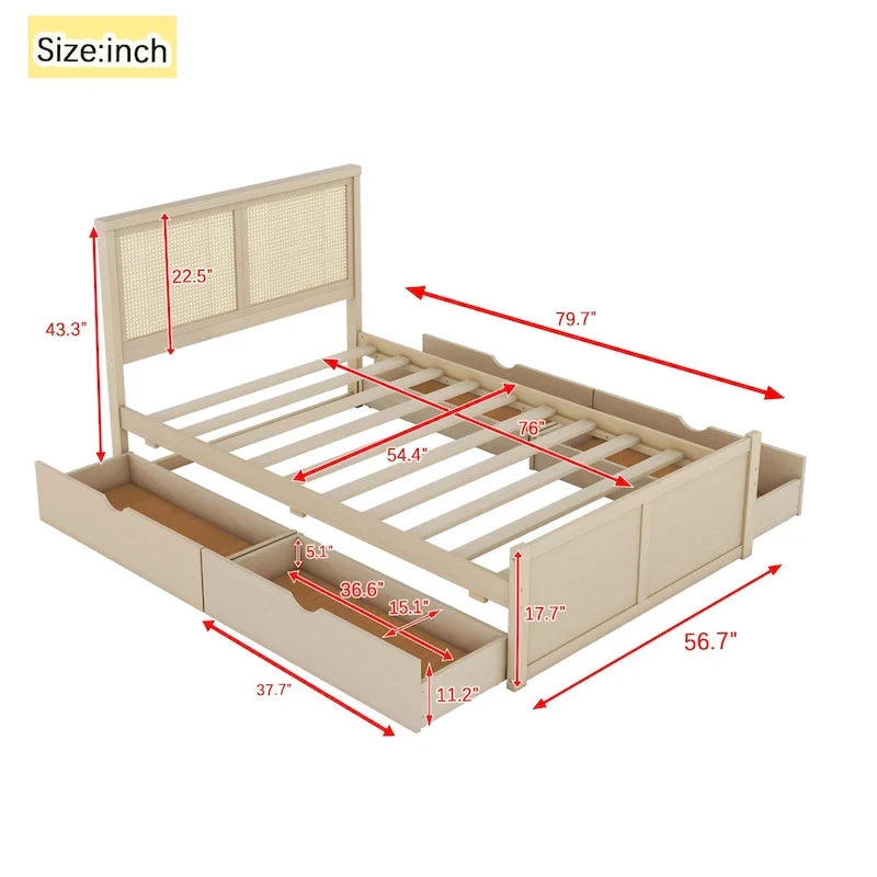 Letto a Piattaforma Contenitore in Legno con 4 Cassetti e Testiera in Rattan