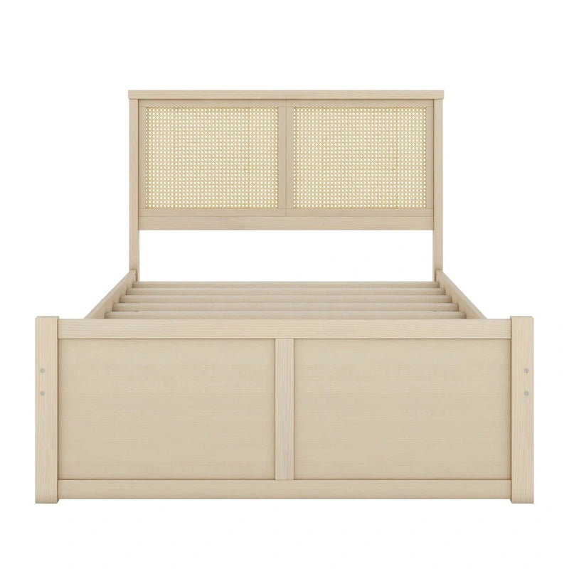 Letto a Piattaforma Contenitore in Legno con 4 Cassetti e Testiera in Rattan