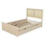 Letto a Piattaforma Contenitore in Legno con 4 Cassetti e Testiera in Rattan