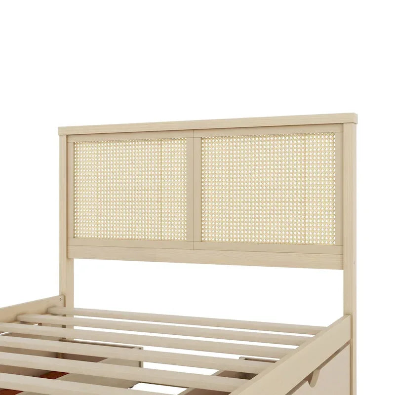 Letto a Piattaforma Contenitore in Legno con 4 Cassetti e Testiera in Rattan