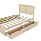 Letto a Piattaforma Contenitore in Legno con 4 Cassetti e Testiera in Rattan