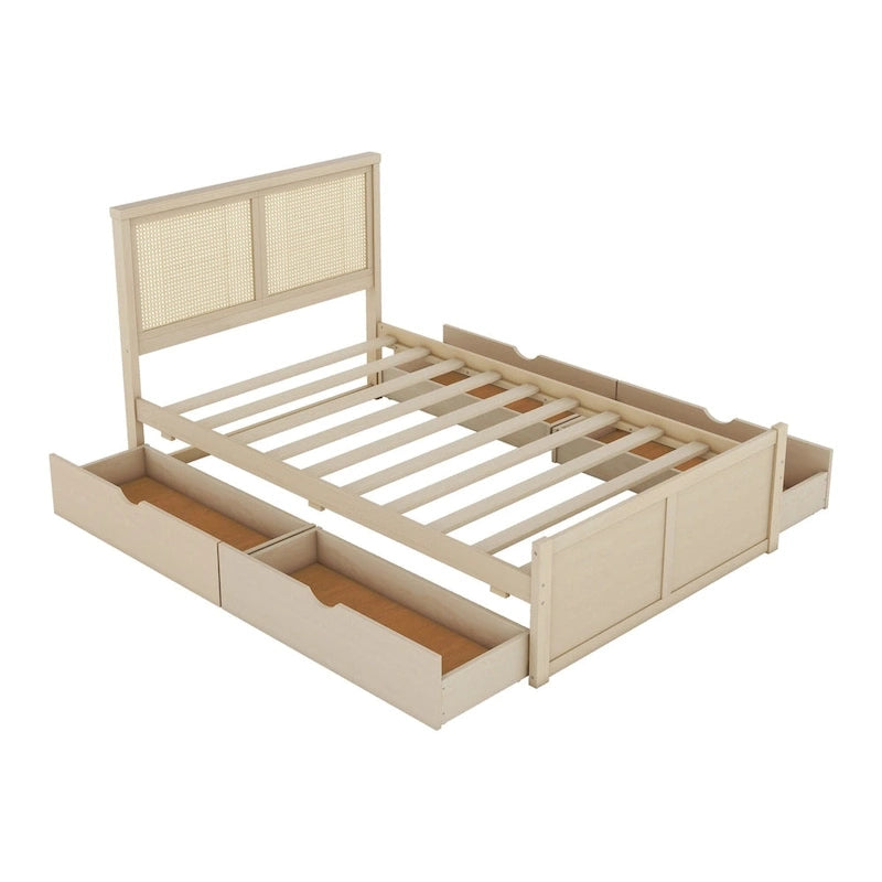 Letto a Piattaforma Contenitore in Legno con 4 Cassetti e Testiera in Rattan