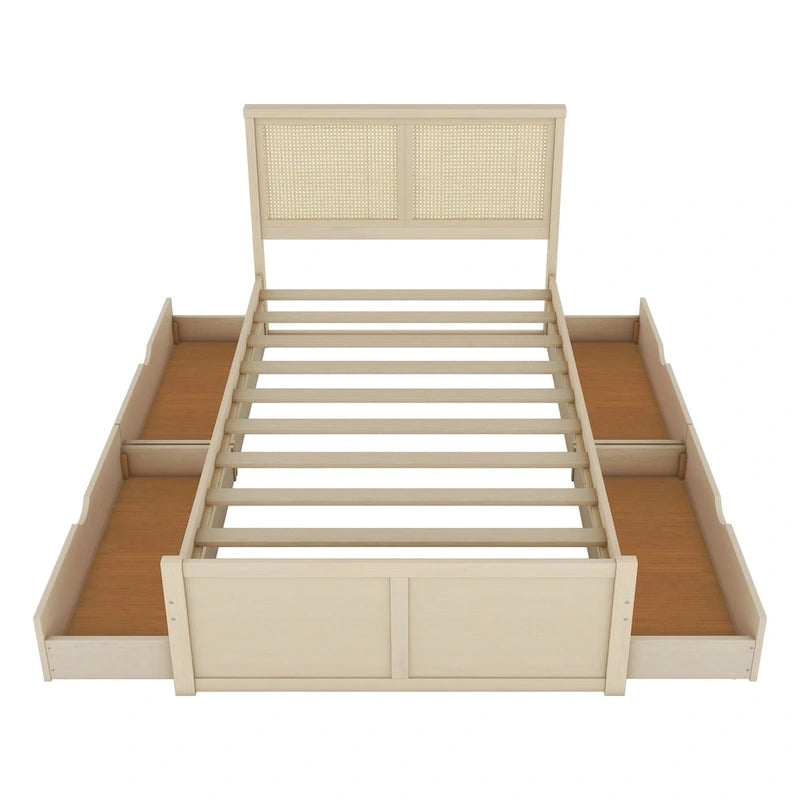 Letto a Piattaforma Contenitore in Legno con 4 Cassetti e Testiera in Rattan