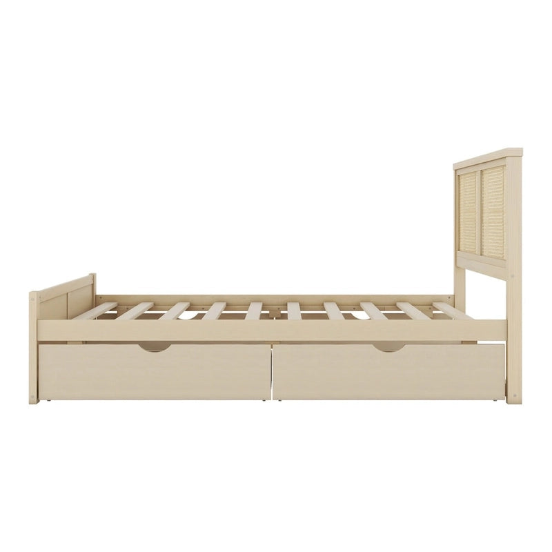 Letto a Piattaforma Contenitore in Legno con 4 Cassetti e Testiera in Rattan