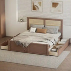 Letto a Piattaforma Contenitore in Legno con 4 Cassetti e Testiera in Rattan