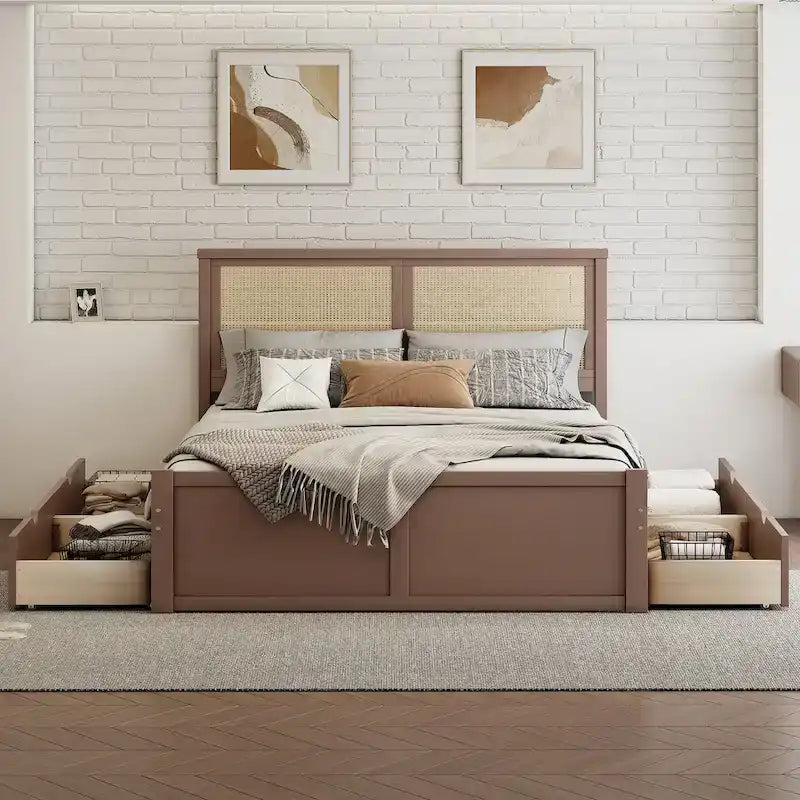 Letto a Piattaforma Contenitore in Legno con 4 Cassetti e Testiera in Rattan