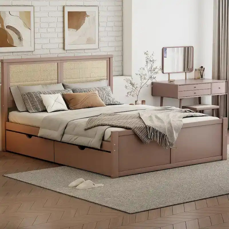 Letto a Piattaforma Contenitore in Legno con 4 Cassetti e Testiera in Rattan