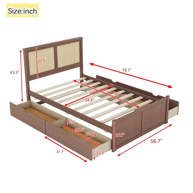 Letto a Piattaforma Contenitore in Legno con 4 Cassetti e Testiera in Rattan
