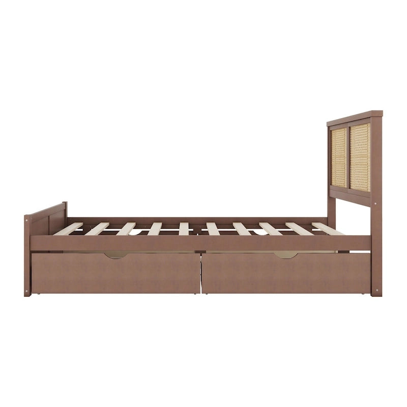 Letto a Piattaforma Contenitore in Legno con 4 Cassetti e Testiera in Rattan