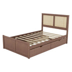 Letto a Piattaforma Contenitore in Legno con 4 Cassetti e Testiera in Rattan
