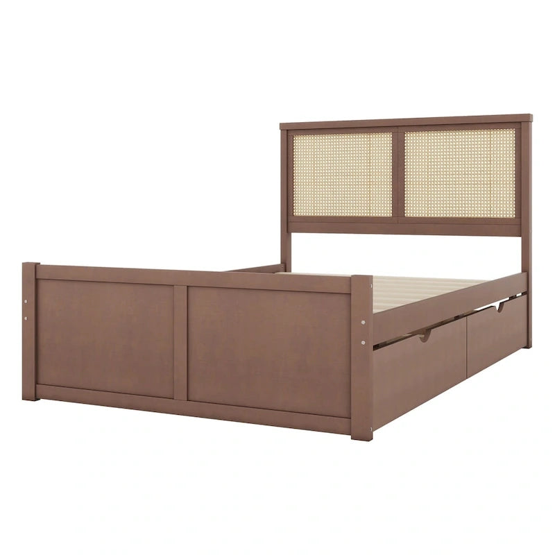 Letto a Piattaforma Contenitore in Legno con 4 Cassetti e Testiera in Rattan
