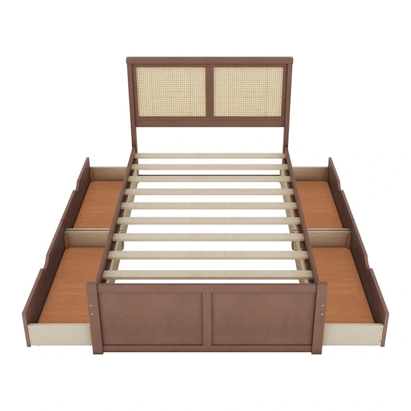 Letto a Piattaforma Contenitore in Legno con 4 Cassetti e Testiera in Rattan