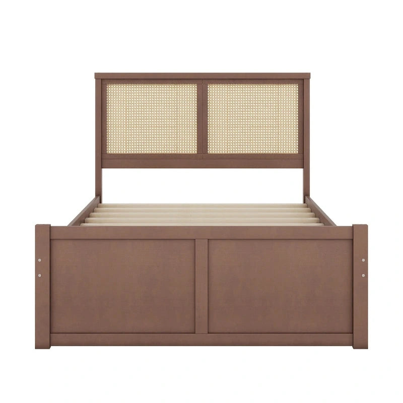Letto a Piattaforma Contenitore in Legno con 4 Cassetti e Testiera in Rattan