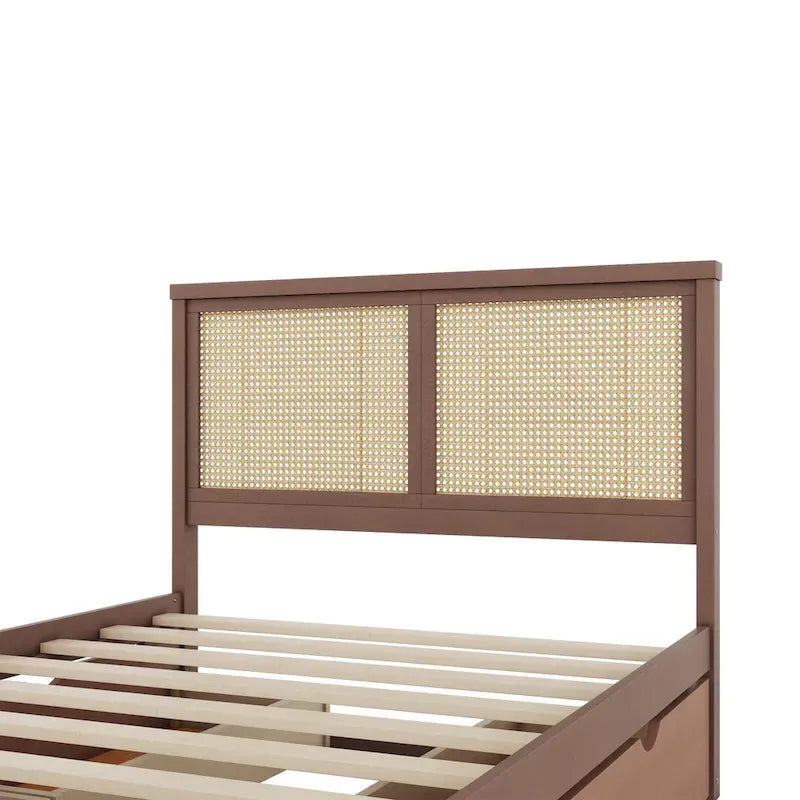 Letto a Piattaforma Contenitore in Legno con 4 Cassetti e Testiera in Rattan