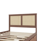 Letto a Piattaforma Contenitore in Legno con 4 Cassetti e Testiera in Rattan