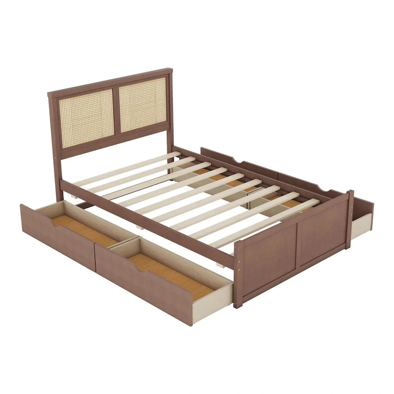 Letto a Piattaforma Contenitore in Legno con 4 Cassetti e Testiera in Rattan