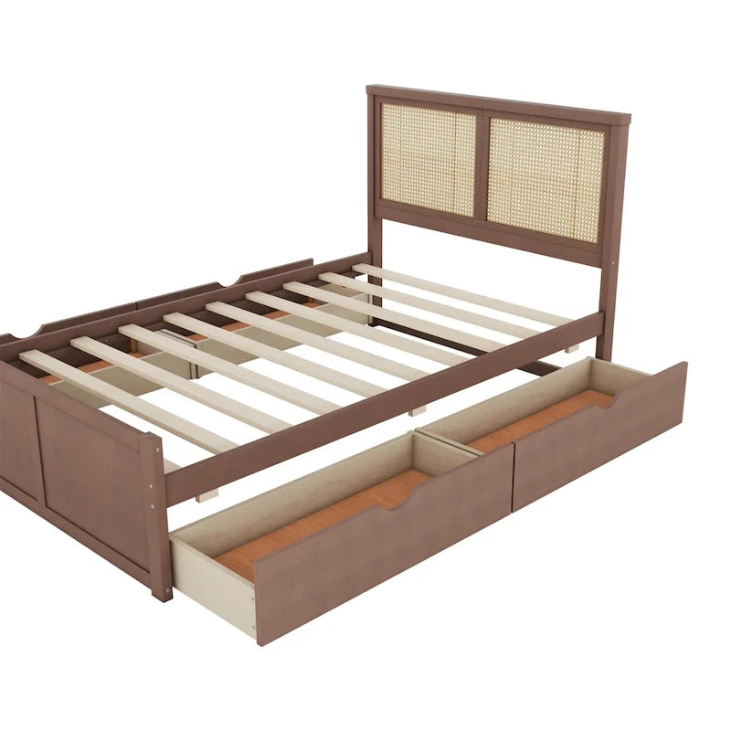 Letto a Piattaforma Contenitore in Legno con 4 Cassetti e Testiera in Rattan