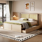 Letto a Piattaforma Contenitore in Legno con 4 Cassetti e Testiera in Rattan