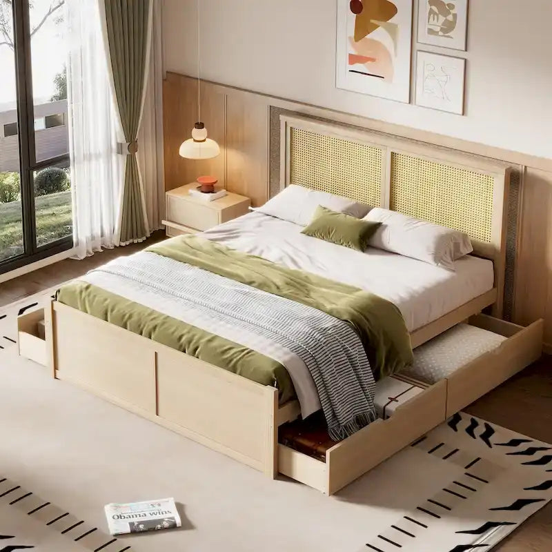 Letto a Piattaforma Contenitore in Legno con 4 Cassetti e Testiera in Rattan