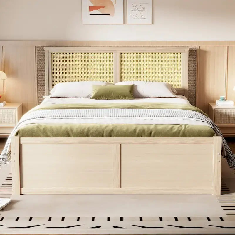 Letto a Piattaforma Contenitore in Legno con 4 Cassetti e Testiera in Rattan