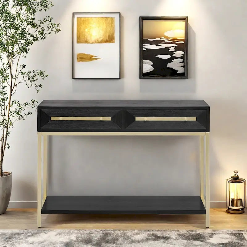 Console in MDF Retro da 45,5" con Dettagli Dorati, 2 Cassetti Contenitori e Design Geometrico