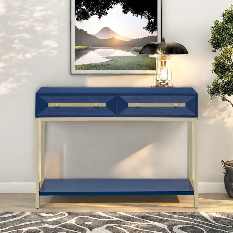Console in MDF Retro da 45,5" con Dettagli Dorati, 2 Cassetti Contenitori e Design Geometrico