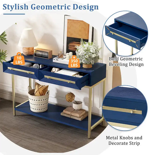 Console in MDF Retro da 45,5" con Dettagli Dorati, 2 Cassetti Contenitori e Design Geometrico