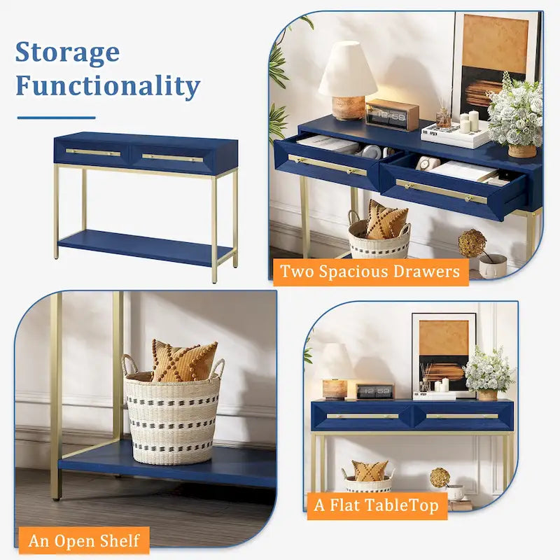 Console in MDF Retro da 45,5" con Dettagli Dorati, 2 Cassetti Contenitori e Design Geometrico