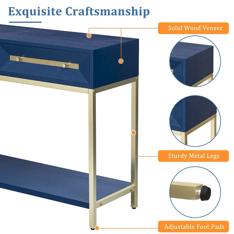 Console in MDF Retro da 45,5" con Dettagli Dorati, 2 Cassetti Contenitori e Design Geometrico