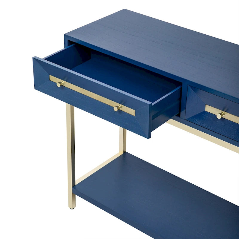 Console in MDF Retro da 45,5" con Dettagli Dorati, 2 Cassetti Contenitori e Design Geometrico