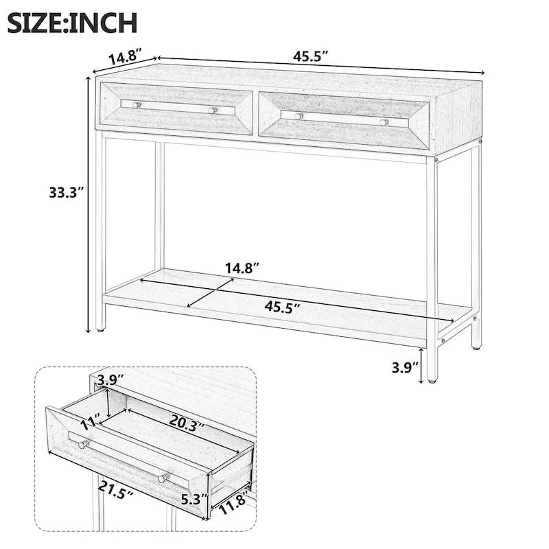 Console in MDF Retro da 45,5" con Dettagli Dorati, 2 Cassetti Contenitori e Design Geometrico