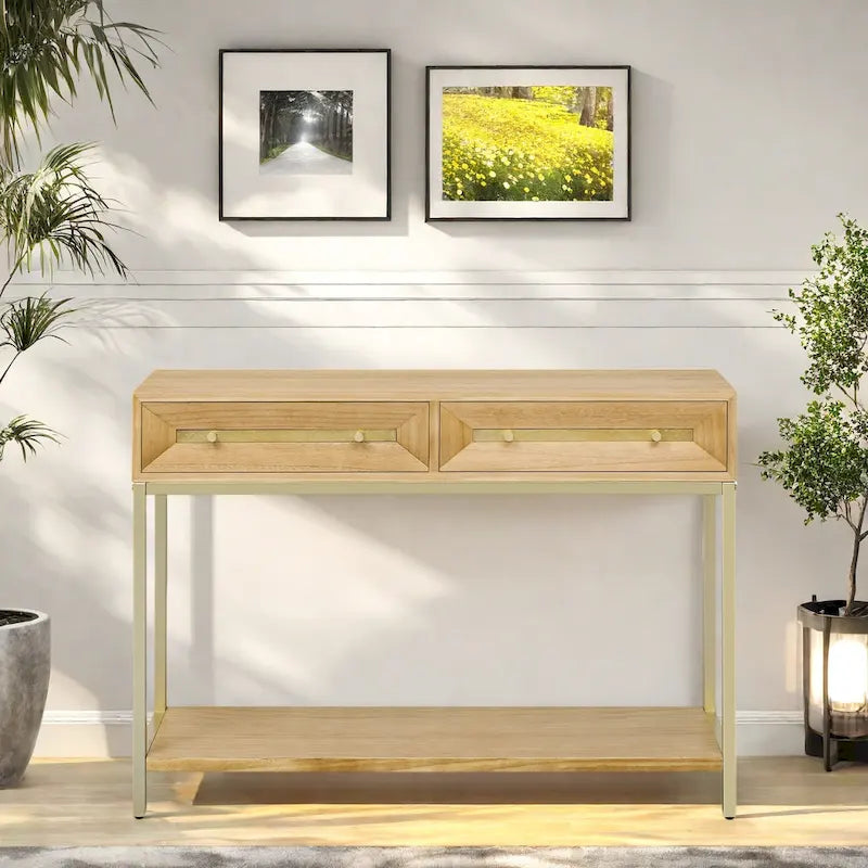 Console in MDF Retro da 45,5" con Dettagli Dorati, 2 Cassetti Contenitori e Design Geometrico