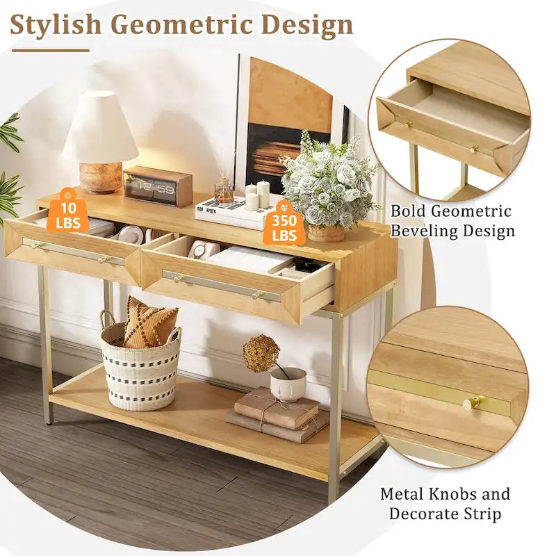 Console in MDF Retro da 45,5" con Dettagli Dorati, 2 Cassetti Contenitori e Design Geometrico