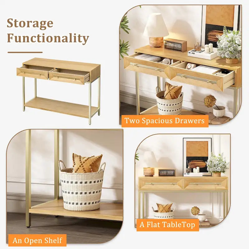 Console in MDF Retro da 45,5" con Dettagli Dorati, 2 Cassetti Contenitori e Design Geometrico
