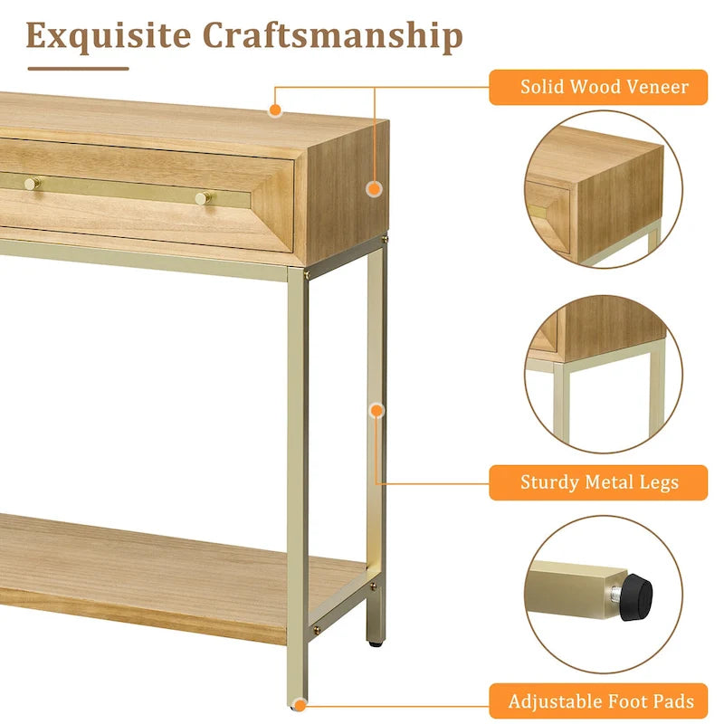 Console in MDF Retro da 45,5" con Dettagli Dorati, 2 Cassetti Contenitori e Design Geometrico