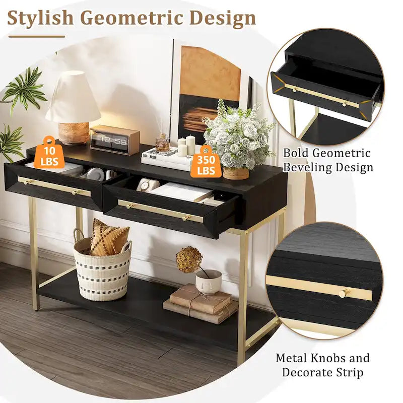 Console in MDF Retro da 45,5" con Dettagli Dorati, 2 Cassetti Contenitori e Design Geometrico
