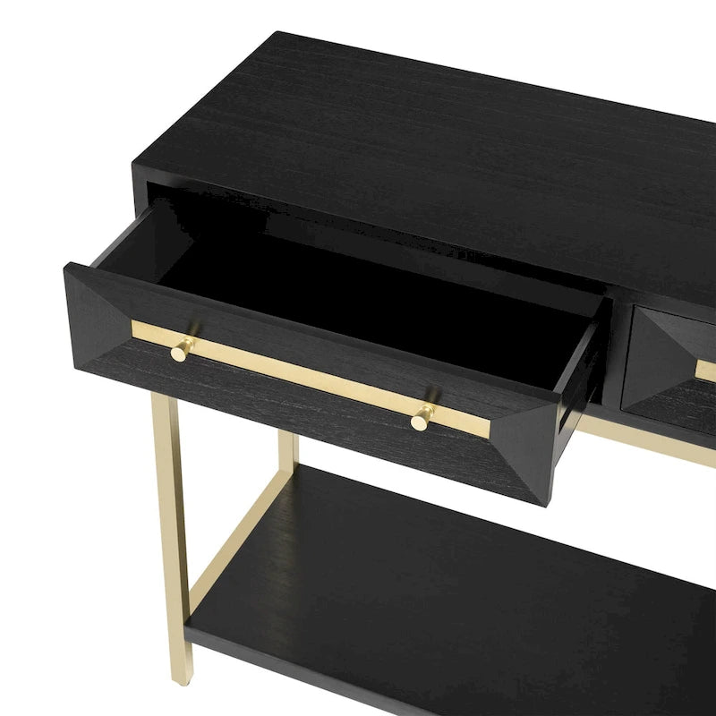 Console in MDF Retro da 45,5" con Dettagli Dorati, 2 Cassetti Contenitori e Design Geometrico