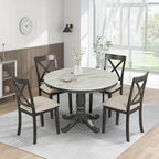 Set Tavolo da Pranzo Rotondo Grigio/Bianco, Piano Effetto Marmo, 4 Posti, 5 Pezzi