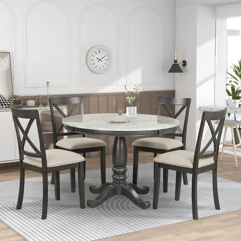 Set Tavolo da Pranzo Rotondo Grigio/Bianco, Piano Effetto Marmo, 4 Posti, 5 Pezzi